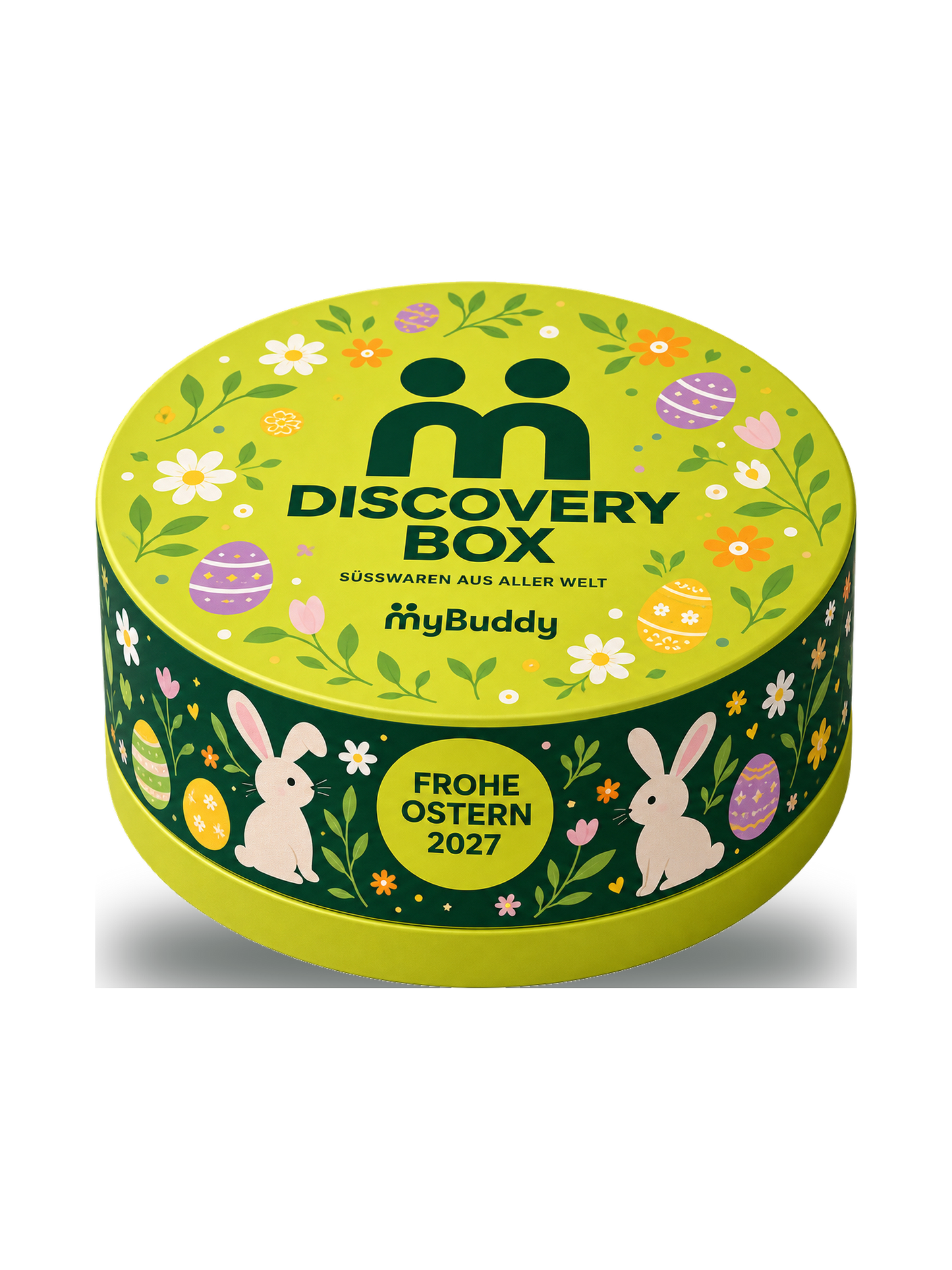 myBuddy Discovery Box Ostern Edition, geschlossene runde Dose mit Osterdekor freigestellt