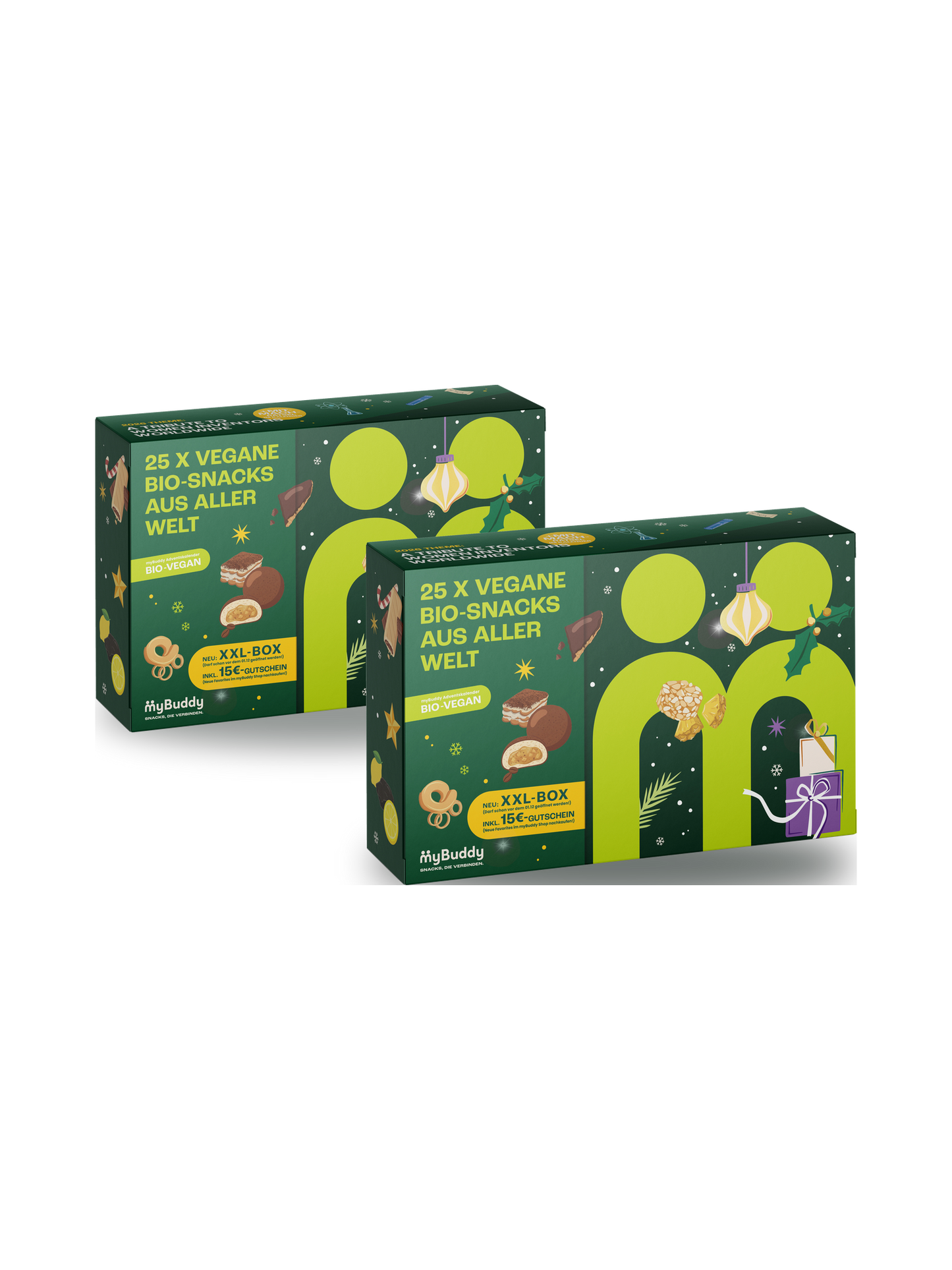 myBuddy Adventskalender 2026 BIO-VEGAN im 2er Bundle, zwei geschlossene Verpackungen nebeneinander, freigestellt