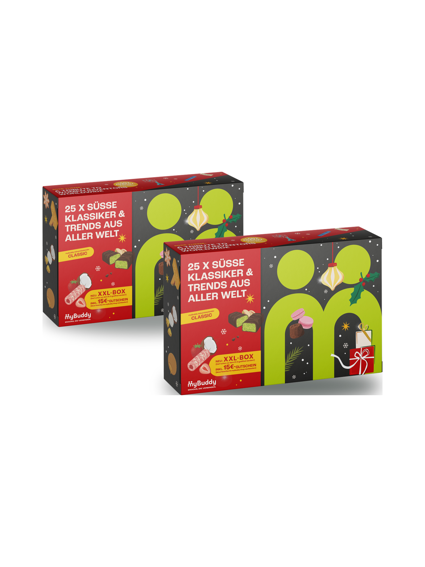 myBuddy Adventskalender 2026 CLASSIC im 2er Bundle, zwei geschlossene Verpackungen nebeneinander, freigestellt