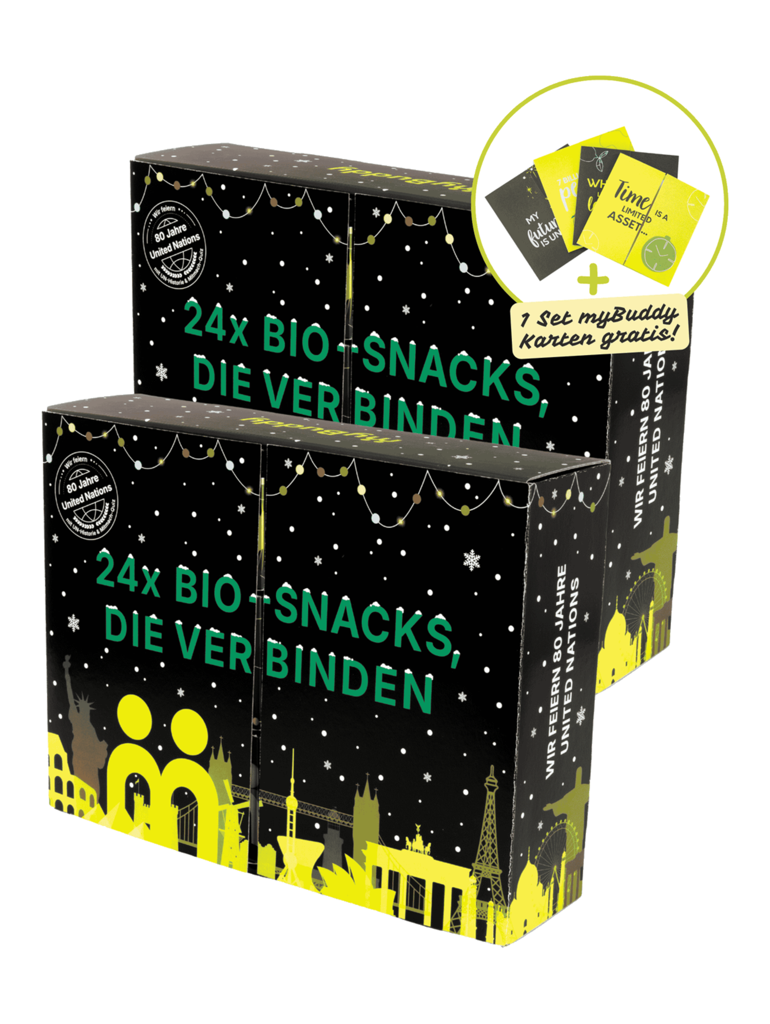 Zwei myBuddy Adventskalender „24x BIO-Snacks, die verbinden“ nebeneinander, freigestellt, mit Störer „1 Set myBuddy Karten gratis!“