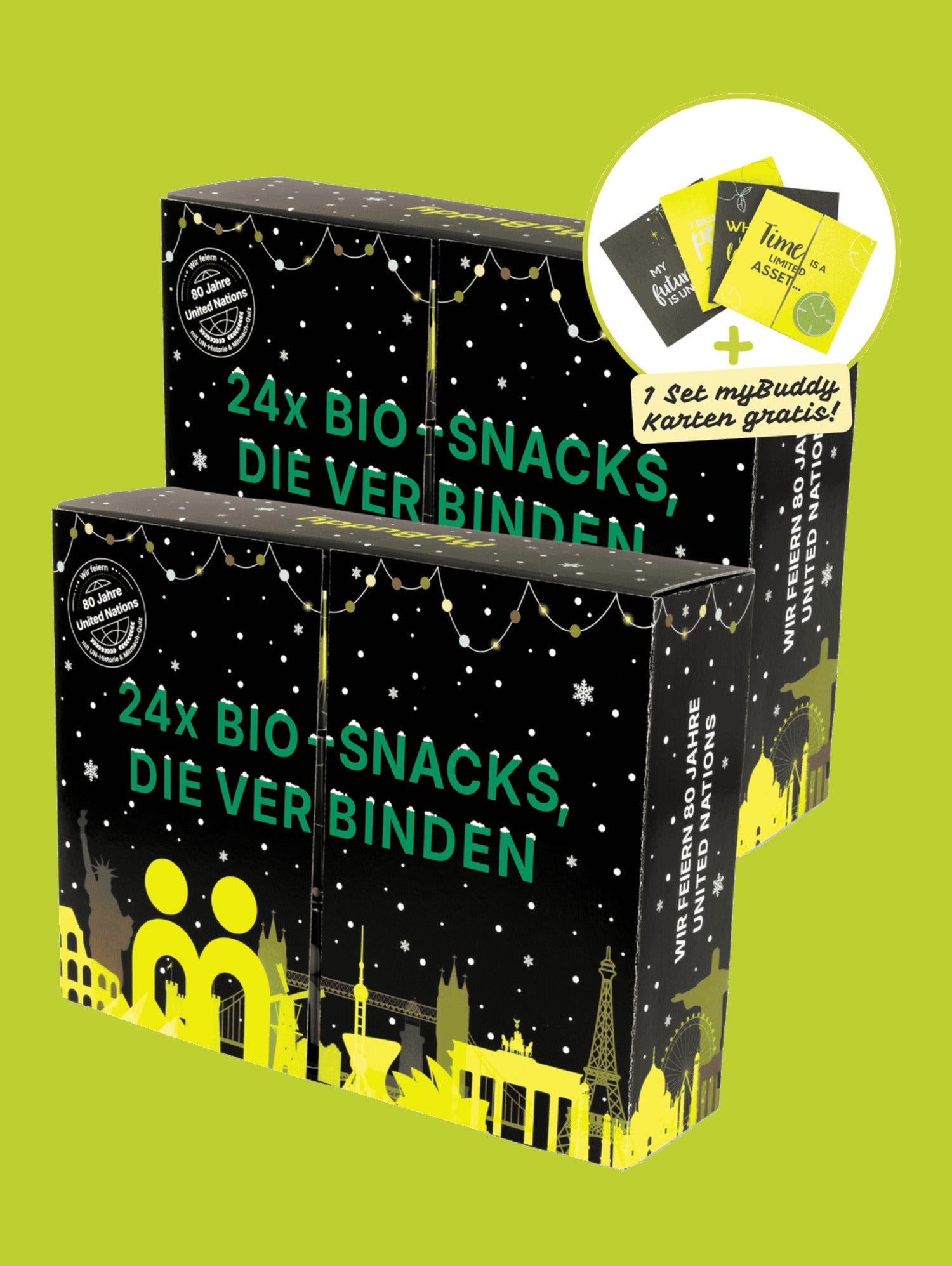 2 x BIO-Snack Adventskalender auf myBuddy-gruenem Hintergrund