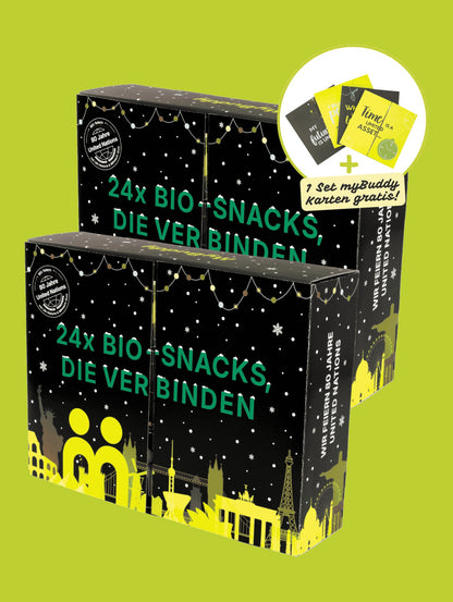 2 x BIO-Snack Adventskalender auf myBuddy-gruenem Hintergrund