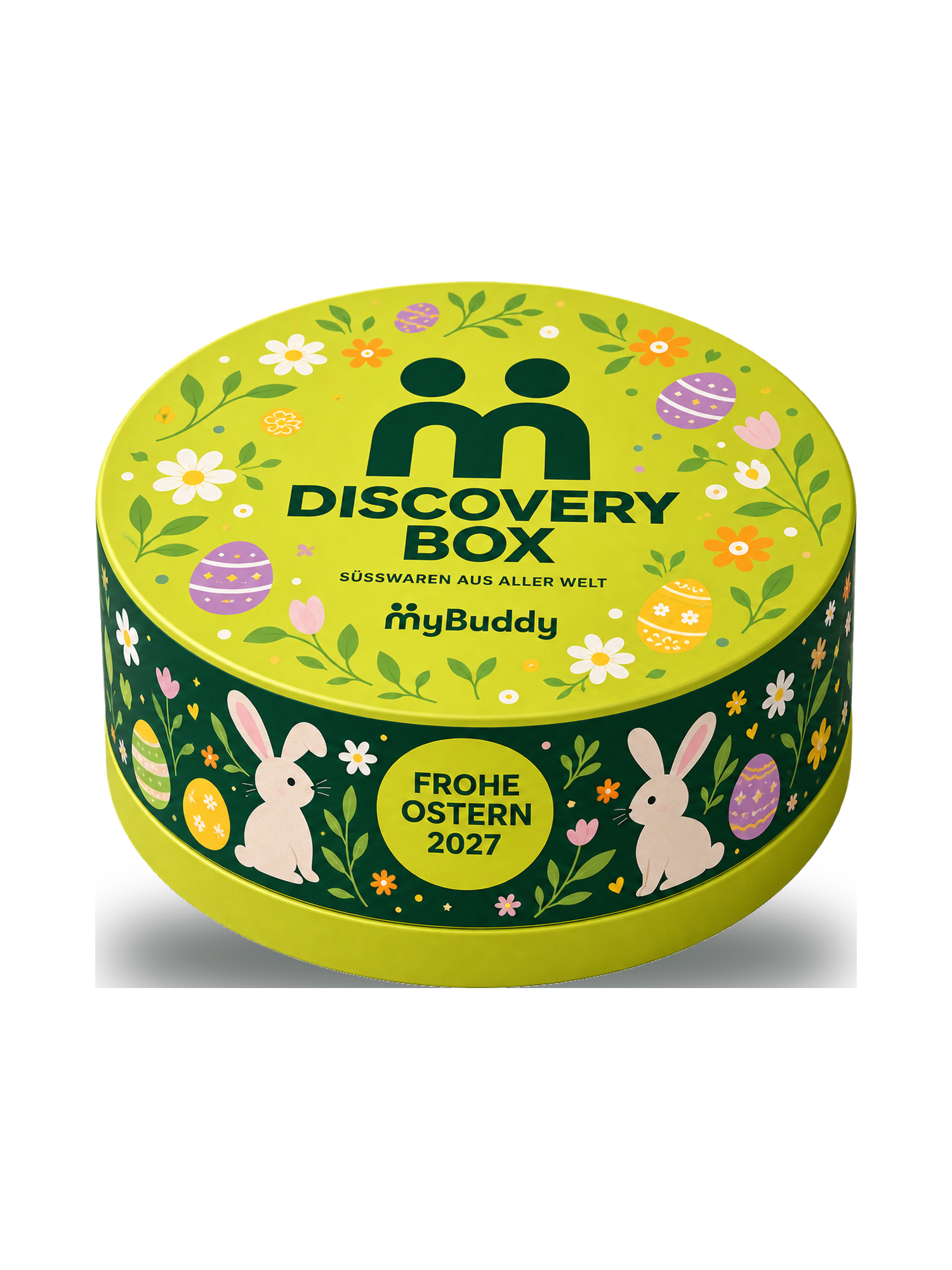 myBuddy Discovery Box Ostern Edition, geschlossene runde Dose mit Osterdekor freigestellt