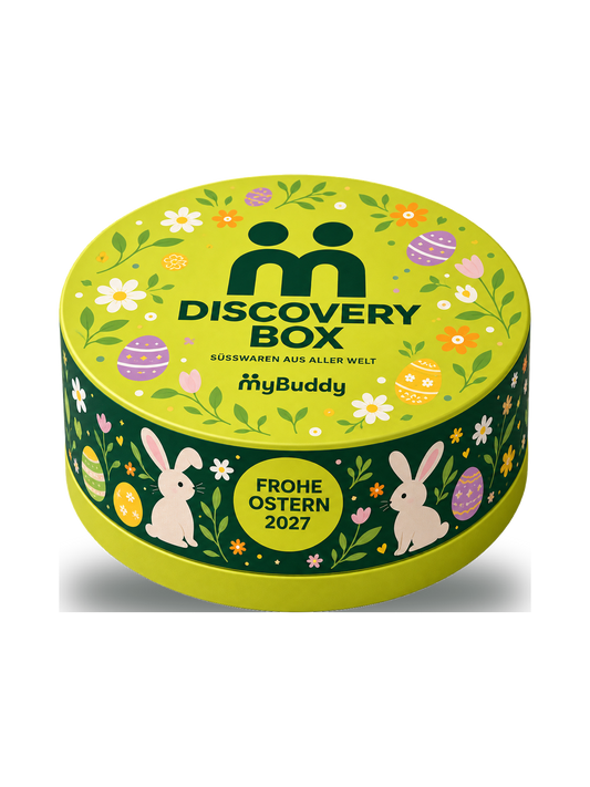 myBuddy Discovery Box Ostern Edition, geschlossene runde Dose mit Osterdekor freigestellt