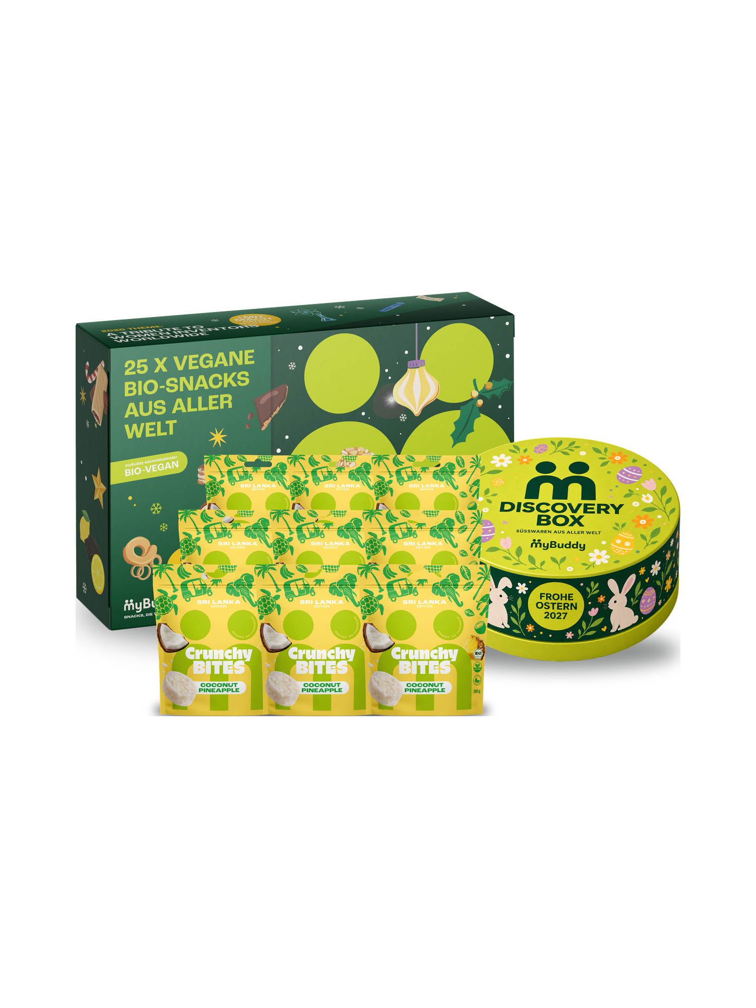 myBuddy HAVE IT ALL Starterpaket, Variante BIO-VEGAN: Adventskalender 2026 BIO-VEGAN, neun Beutel Crunchy Nut Bites Coconut Pineapple und Discovery Box Ostern Edition, freigestellt