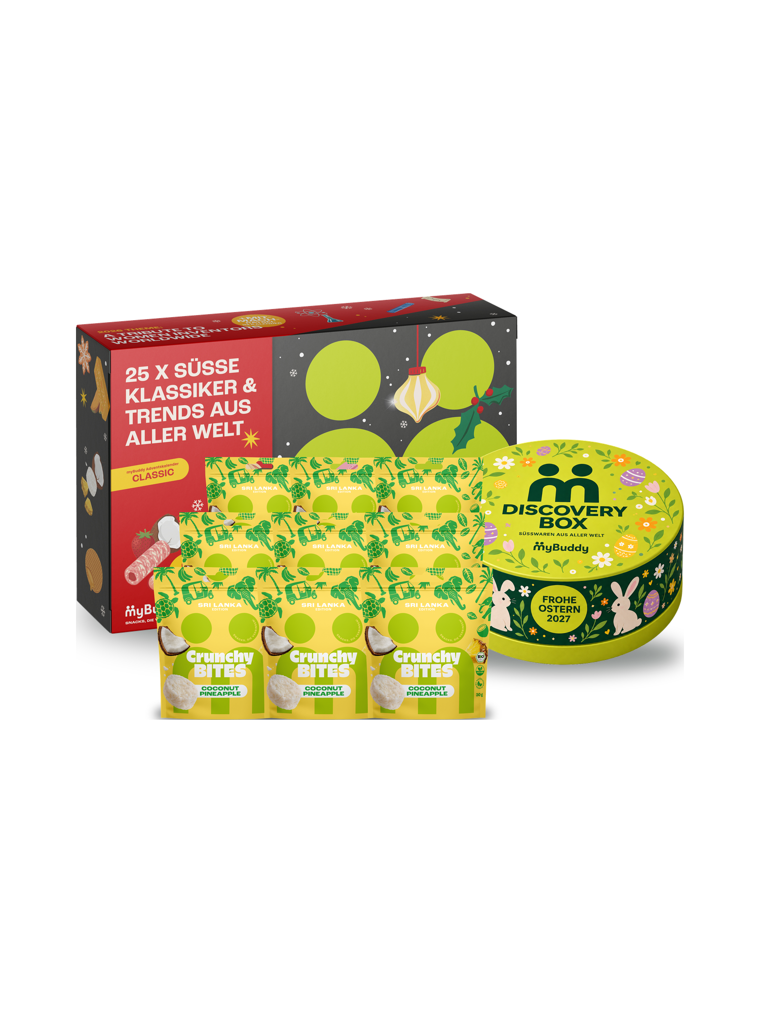 myBuddy HAVE IT ALL Starterpaket CLASSIC: Adventskalender 2026 CLASSIC, neun Beutel Crunchy Nut Bites Coconut Pineapple und Discovery Box Ostern Edition, freigestellt