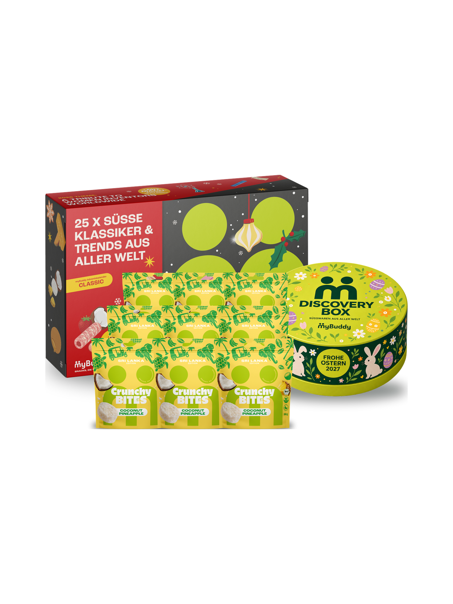 myBuddy HAVE IT ALL Starterpaket, Variante CLASSIC: Adventskalender 2026 CLASSIC, neun Beutel Crunchy Nut Bites Coconut Pineapple und Discovery Box Ostern Edition, freigestellt