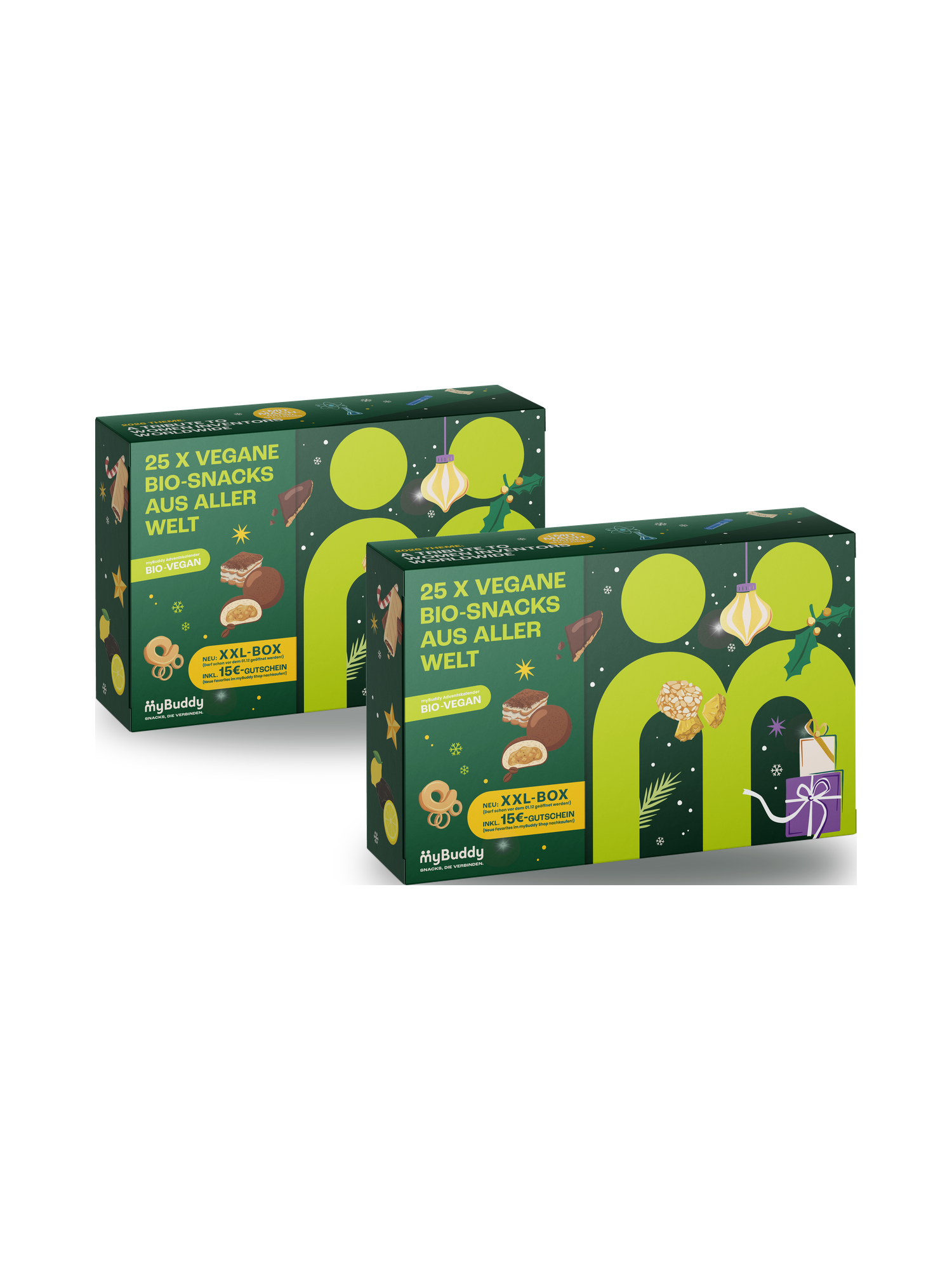myBuddy Adventskalender 2026 BIO-VEGAN im 2er Bundle, zwei geschlossene Verpackungen nebeneinander, freigestellt