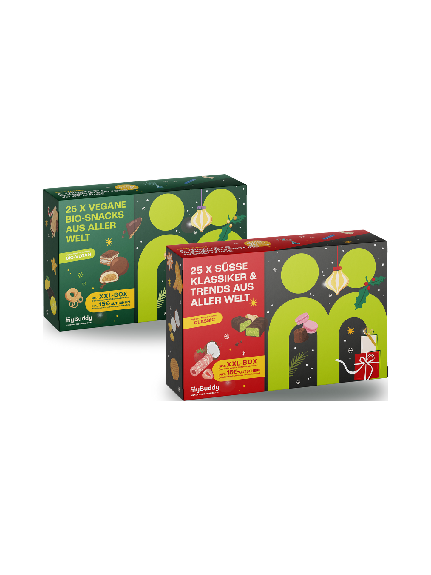 myBuddy Adventskalender 2026 im 2er Mix, zwei geschlossene Verpackungen BIO-VEGAN und CLASSIC nebeneinander, freigestellt