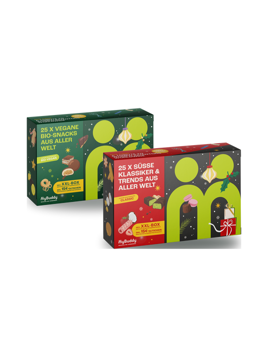 myBuddy Adventskalender 2026 im 2er Mix, zwei geschlossene Verpackungen BIO-VEGAN und CLASSIC nebeneinander, freigestellt
