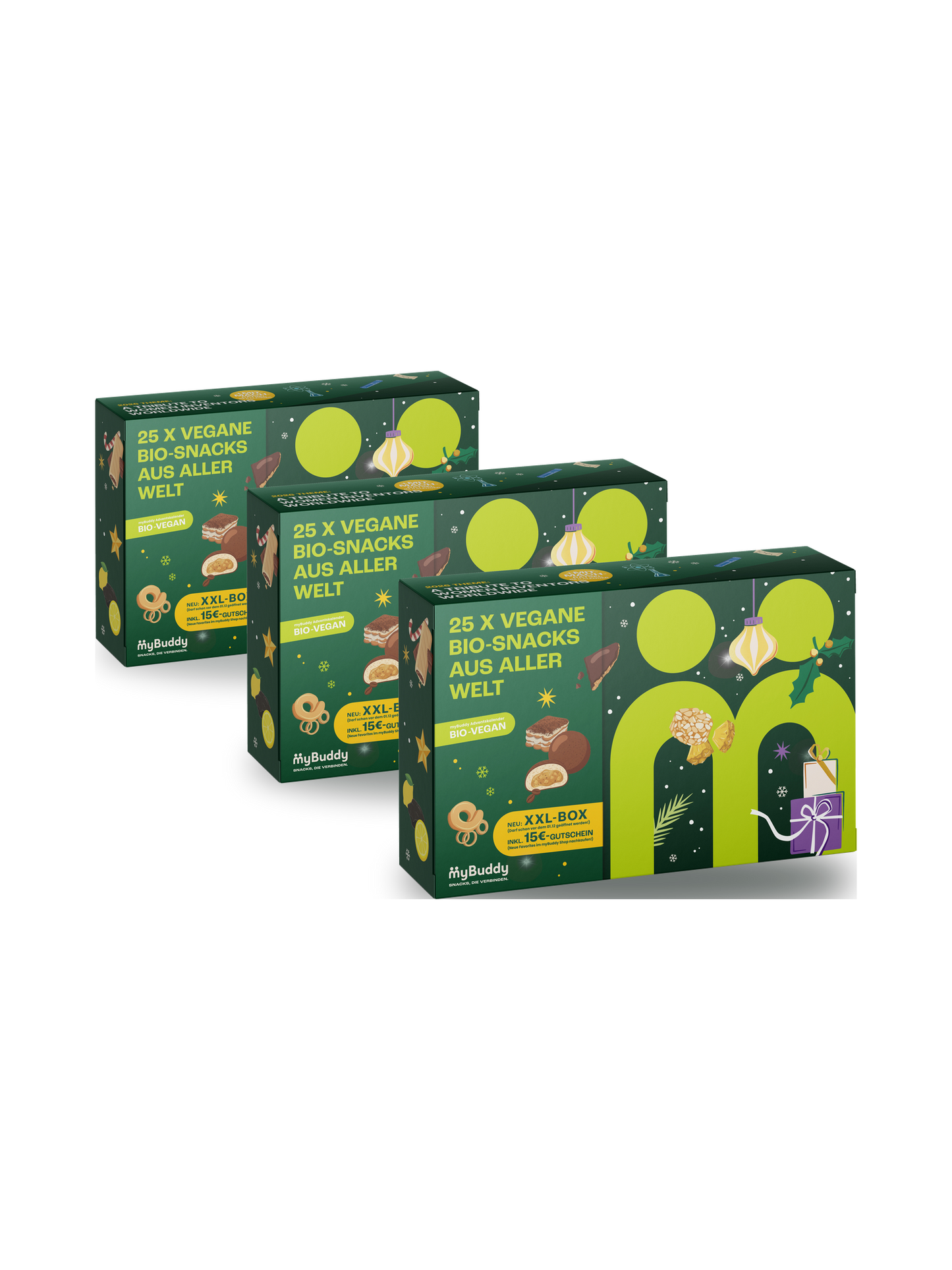 myBuddy Adventskalender 2026 BIO-VEGAN im 3er Bundle, drei geschlossene Verpackungen diagonal gestaffelt, freigestellt