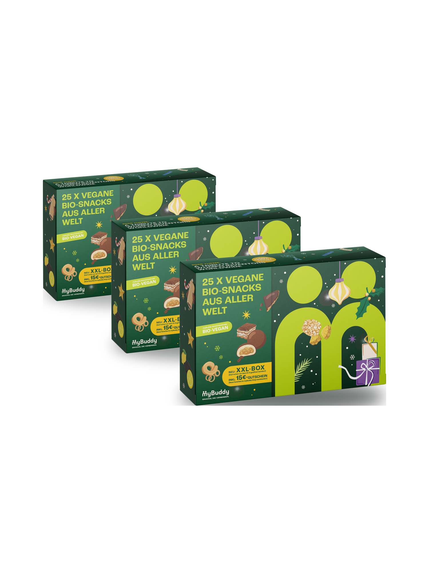 myBuddy Adventskalender 2026 BIO-VEGAN im 3er Bundle, drei geschlossene Verpackungen diagonal gestaffelt, freigestellt