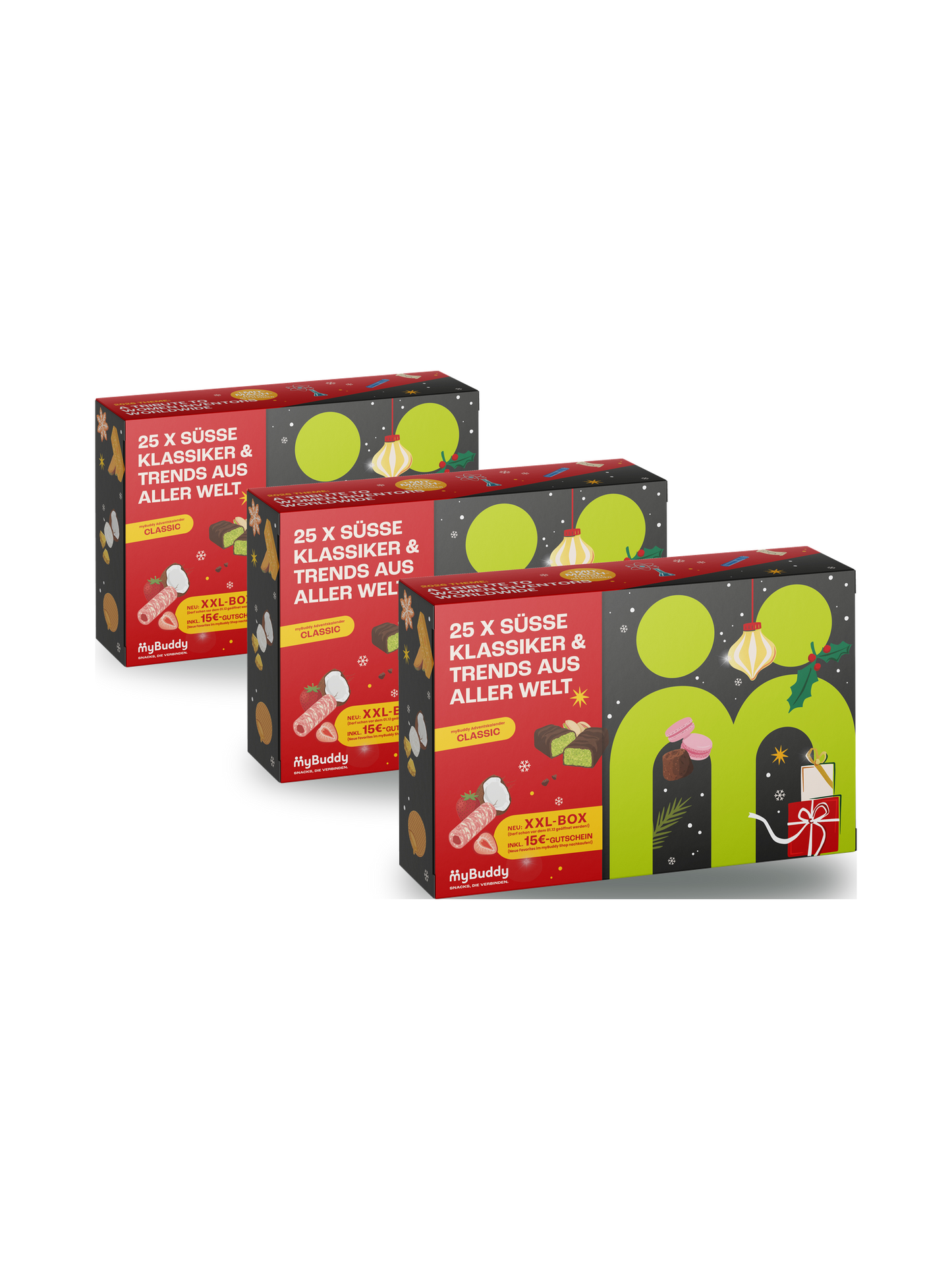 myBuddy Adventskalender 2026 CLASSIC im 3er Bundle, drei geschlossene Verpackungen diagonal gestaffelt, freigestellt