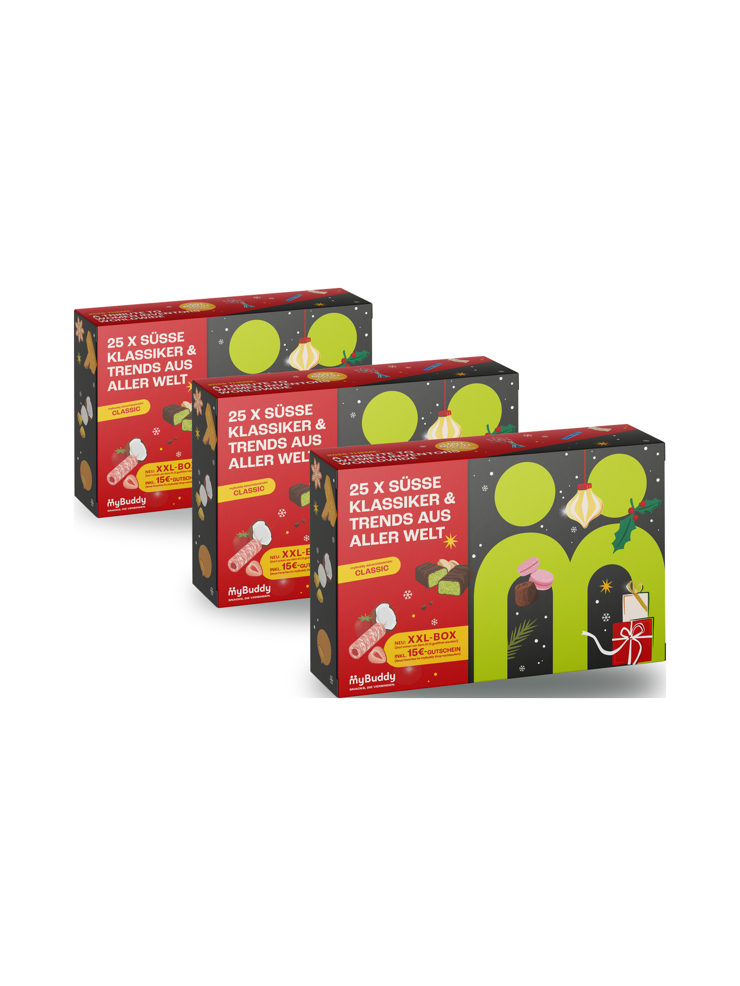 myBuddy Adventskalender 2026 CLASSIC im 3er Bundle, drei geschlossene Verpackungen diagonal gestaffelt, freigestellt