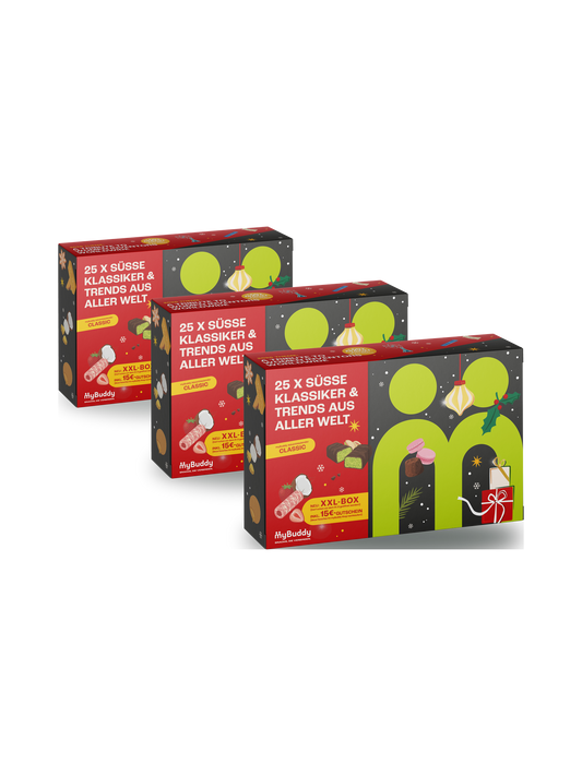 myBuddy Adventskalender 2026 CLASSIC im 3er Bundle, drei geschlossene Verpackungen diagonal gestaffelt, freigestellt