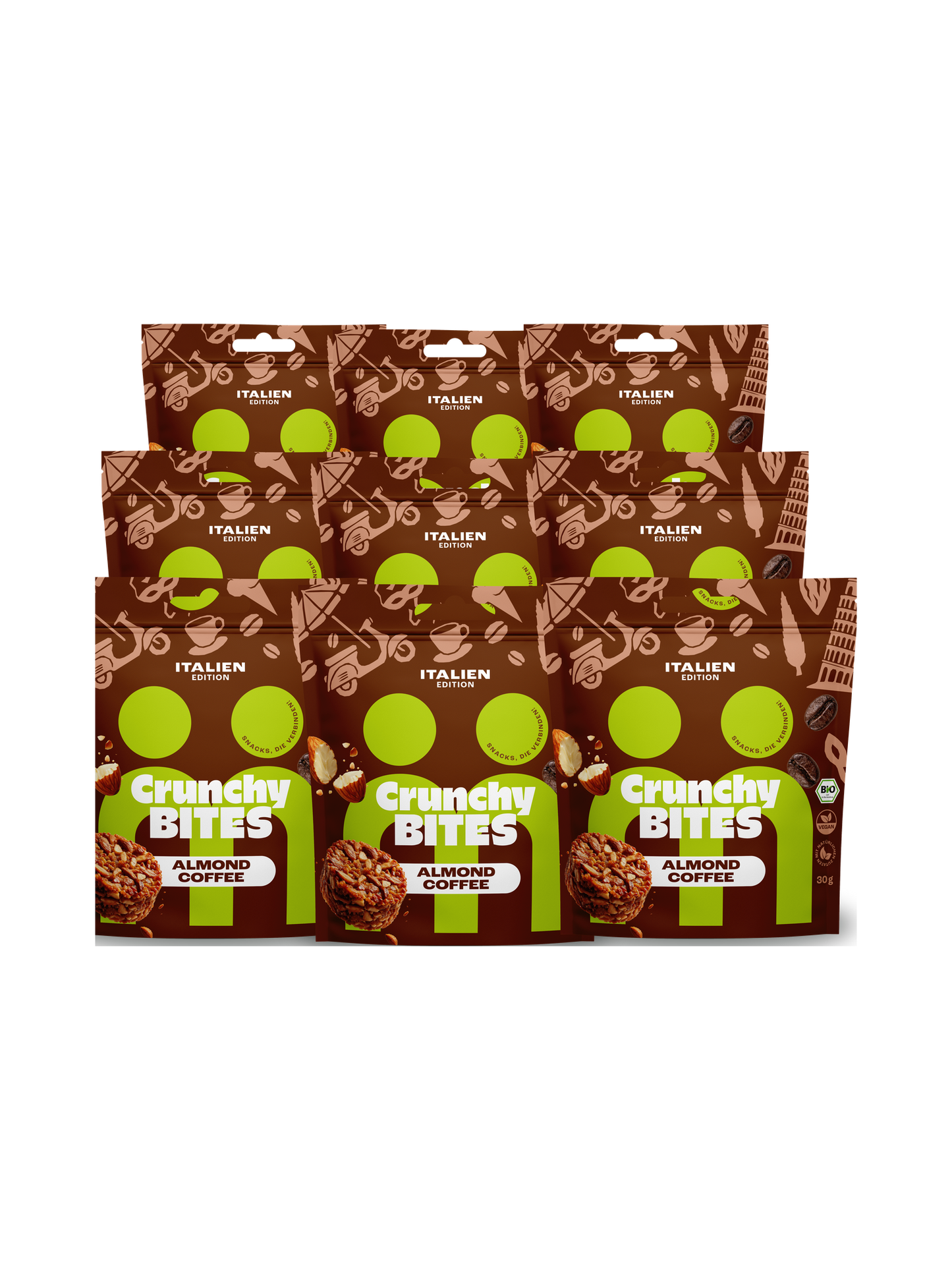 myBuddy Crunchy Nut Bites Almond Coffee, Italien-Edition, neun Beutel in drei Reihen freigestellt