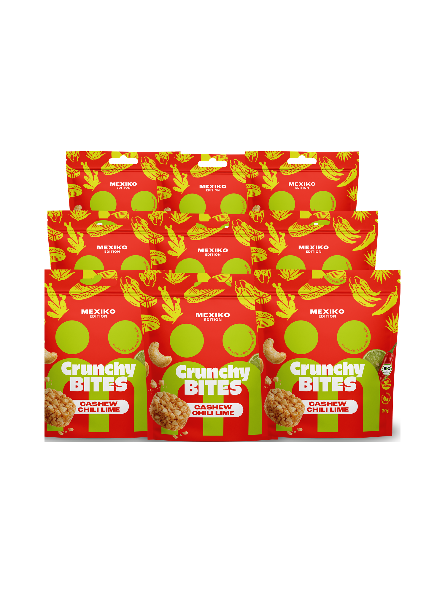 myBuddy Crunchy Nut Bites Cashew Chili Lime, Mexiko-Edition, neun Beutel in drei Reihen freigestellt