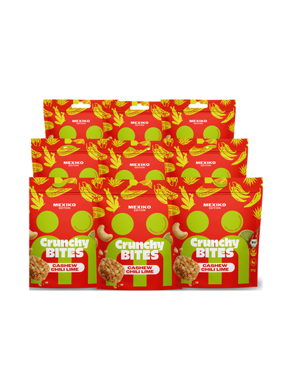 myBuddy Crunchy Nut Bites Cashew Chili Lime, Mexiko-Edition, neun Beutel in drei Reihen freigestellt