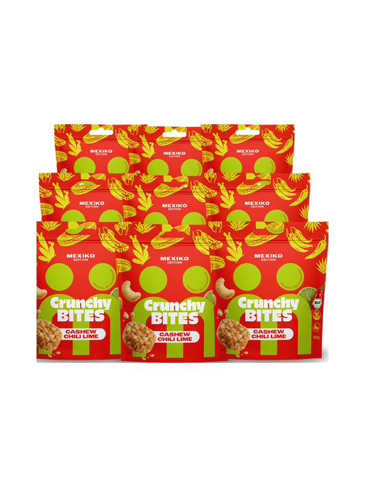 myBuddy Crunchy Nut Bites Cashew Chili Lime, Mexiko-Edition, neun Beutel in drei Reihen freigestellt