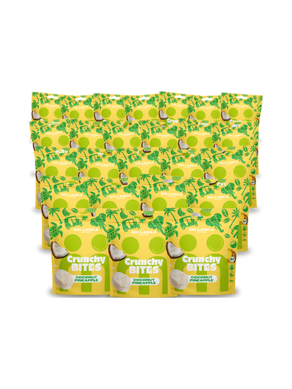 myBuddy Crunchy Nut Bites Coconut Pineapple, Sri-Lanka-Edition, 40 Beutel in gestaffelten Reihen freigestellt